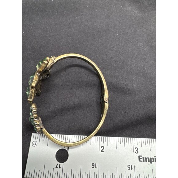 Vintage Gold Copper-Tone Hinged Cuff Bracelet With Large Green Gemstone Floral D - Picture 9 of 9